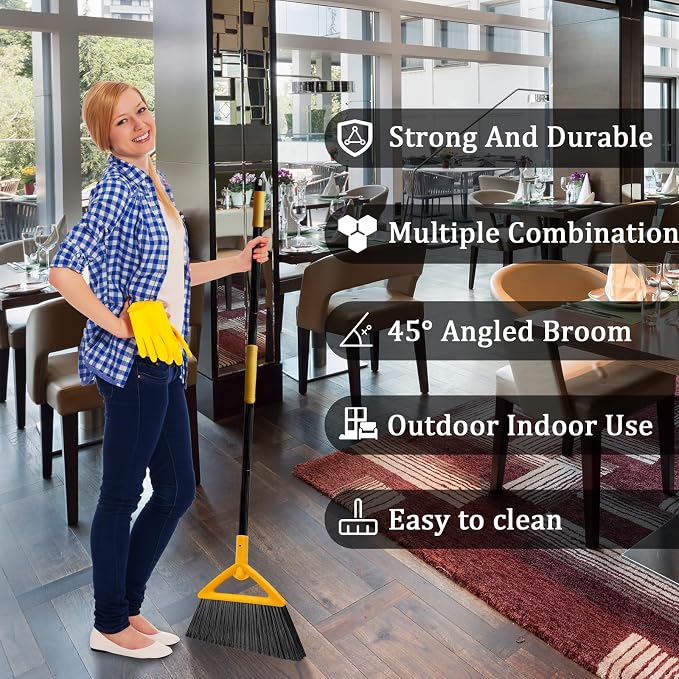Heavy Duty Yellow Angle Broom with Long Handle - 2 Pack | Versatile Indoor/Outdoor Sweeping, for Courtyard/Garage/Sidewalk/Kitchen/Lobby/Canteen, Durable & Efficient