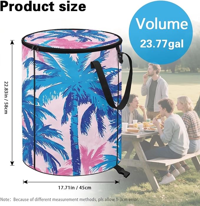 Blue Tropical Palm Trees Collapsible Camping Trash Can with Lid and Handles 24 Gallon Garbage Can Reusable Outdoor Trash Garden Leaf Bin Recycling Waster Bags