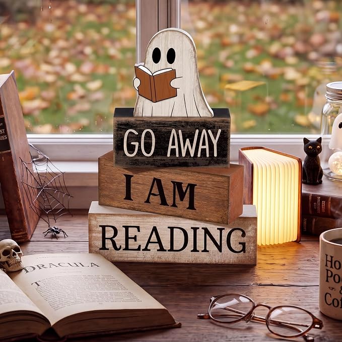 Moucuny 4 Pcs Halloween Table Decor Wooden Ghost Reading Stacked Block Sign | Rustic Farmhouse Centerpiece, Stacked Wood Signs With Ghost Reading Book, Tiered Trays And Shelves For Home Office Library