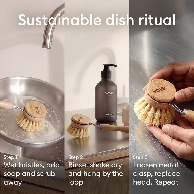 Bamboo Dish Brush with 3 Replacement Heads, Plastic-Free Kitchen Scrub Brush for Pots Pans and Dishes, FSC-Certified Bamboo Handle with Natural Fiber Bristles, Non-Toxic Zero-Waste