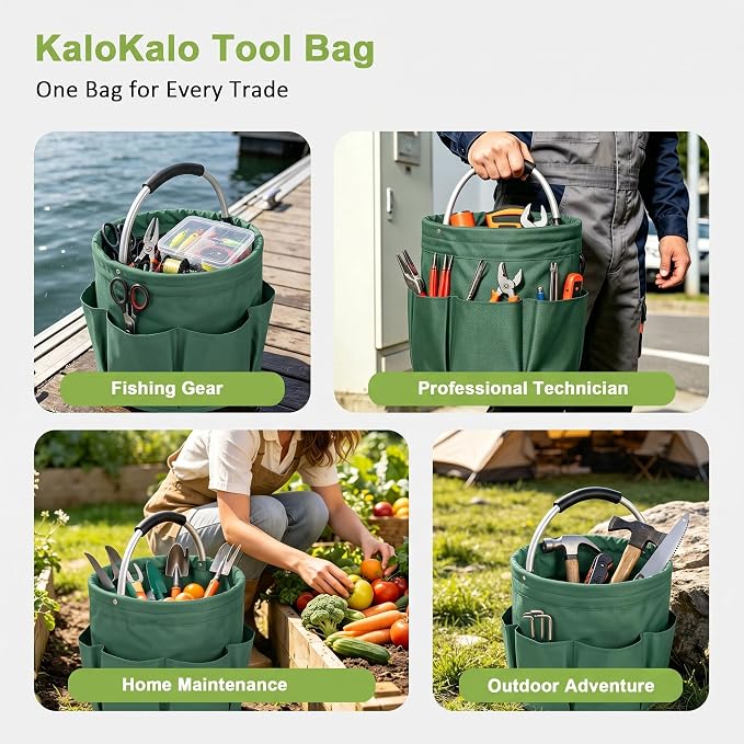 Cleaning Caddy with Handle, 17L Cleaning Supplies Organizer in 600D Oxford Fabric, Foldable Storage Basket with 6 Pockets, Portable Cleaning Bucket Bag for Home, Garden, Camping, Green