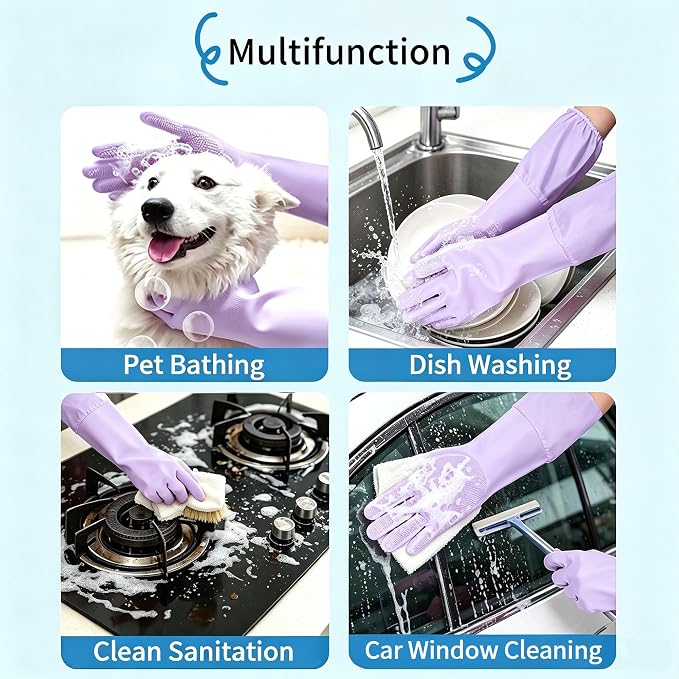 Long Sleeve Dog & Cat Washing Gloves, Pet Bathing Grooming Tool (Purple)