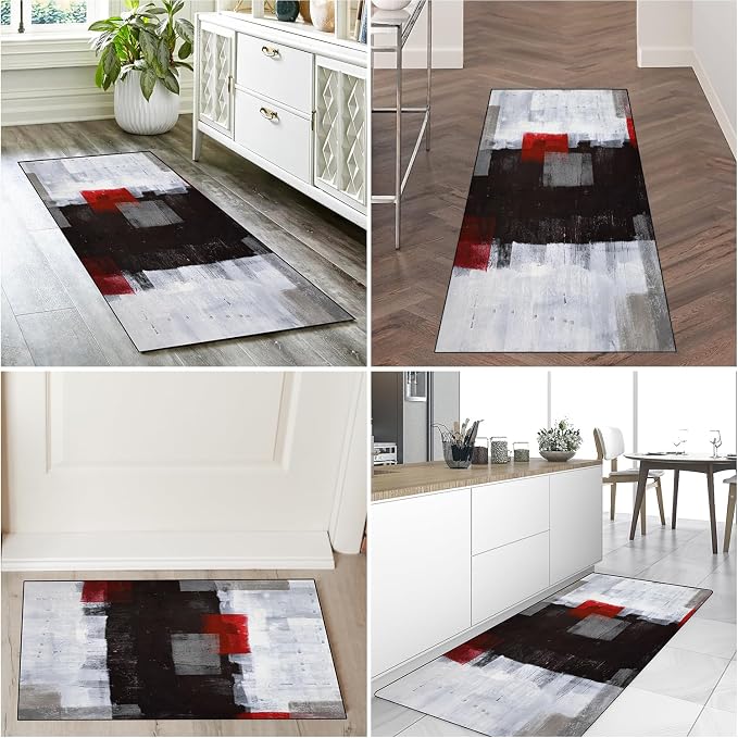 TOMWISH Kitchen Mats for Floor 2 Piece Set Red and Grey Kitchen Runner Rug | Non Skid Cushioned Kitchen Floor Mat Vintage Office Farmhouse Runner Mat for Laundry 20"X32"+20"X48"+20"X59"