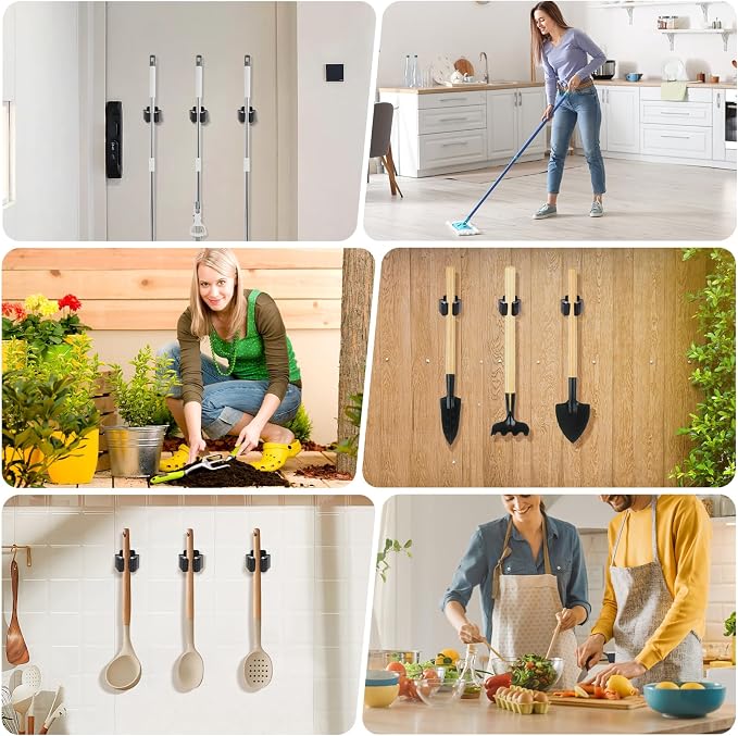 Broom Holder Wall Mount, 24PCS Broom Hanger Wall Mount, Stainless Steel Heavy Duty Mop Holder Broom Mop Hanger Wall with Screws, Garden Outdoor Tool Organizer Rack Broom Hanger (Black)