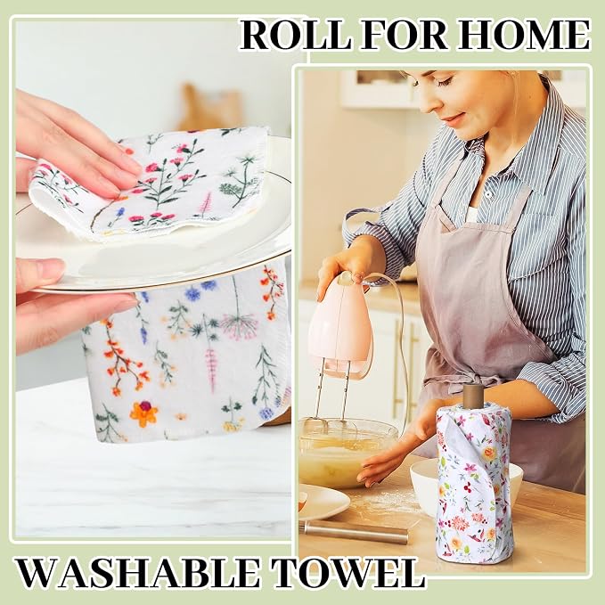 Reusable Kitchen Cloths Cotton Towel, 60 Pack, Wildflowers | Washable 9.84x11.81in, Paperless Towel Rolls Bulk, Cleaning Cloth Napkins for Dishes