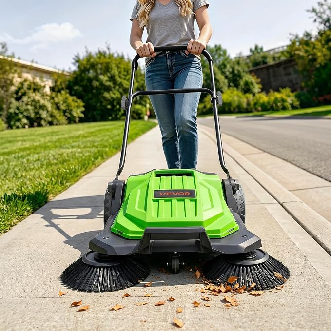 VEVOR Walk-Behind Hand Push Floor Sweeper, Manual Floor Sweeper Non-Electric with 25.6" Sweeping Width, 5 Gallons Waste Container & Adjustable Folding Handle for Yards Walkways Patios Garages - Green