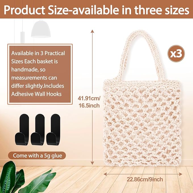 3 Hanging Baskets,White,Mesh,Cotton Rope | Wicker Wall Baskets with Hooks for Fruit Vegetable Onion Storage, Teardrop Organizer for Kitchen, Boho Farmhouse Decor
