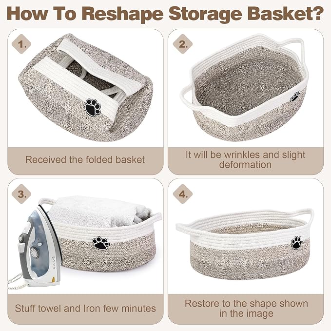 Optish 40L Extra Large Dog Toy Basket, 20" x 14" x 9" XL Toy Storage Box and Bin with Handles, Woven Cotton Rope Foldable Basket for Blankets, Living Room, Bedroom, Home Decor, White & Brown