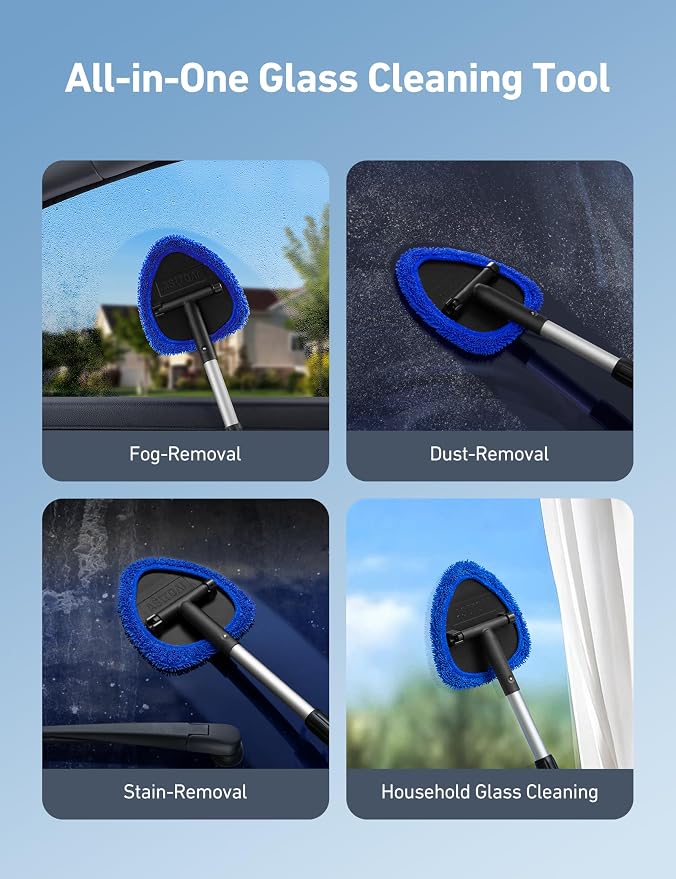 AstroAI 8pcs Windshield Cleaner Tool & Car Interior Detailing Kit | Extendable Handle, 4 Cleaning Brushes, 4 Reusable Microfiber Pads, Scratch-Free for Leather Seats, Blue
