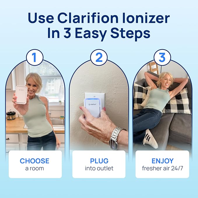 Clarifion - Air Ionizers for Home (1 Pack), Negative Ion Filtration System, Quiet Air Freshener for Bedroom, Office, Kitchen, Portable Air Filter Odor, Smoke Dust, Pets, Eliminator, Mini Air Cleaner
