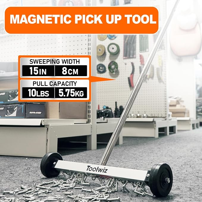 Toolwiz 15" Rolling Magnetic Sweeper 10 Lbs Rolling Magnetic Sweeper | 10lbs Capacity Sweeper, Magnetic Pick Up Tool, Lightweight with Wheels, For Nails, Screws & Metal Debris