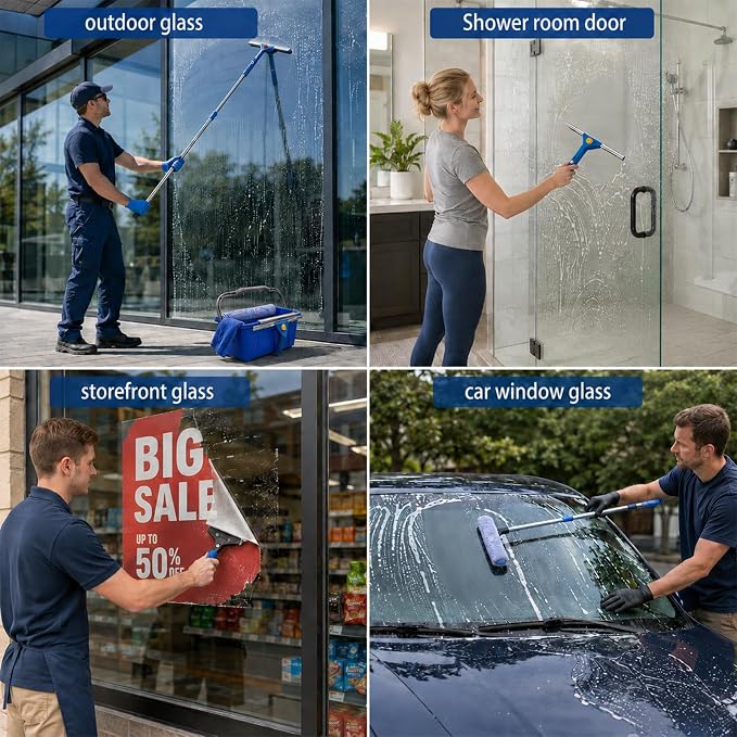 Window Cleaning Kit with Extendable Long Handle, Professional Window Squeegee & Window Washer Tool Set for Indoor Outdoor High Windows, Glass, RV & Shower Doors