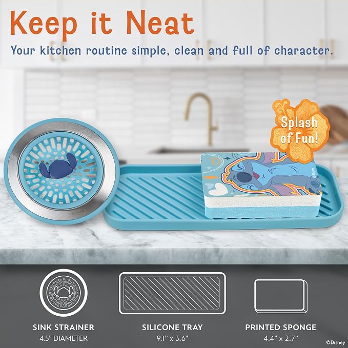 Disney Stitch Sink Drain Strainer, Dish Sponge & Silicone Sink Tray Set | 3-piece set with a strainer to prevent clogs, a tray to keep things organized, and a scrubber for dishes and counters