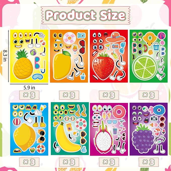 24 Sheets Fruit Make a Face Sticker, Make Your Own Fruit Stickers Mix and Match Sticker for Home School Classroom Crafts Activities Reward Birthday Party Favors