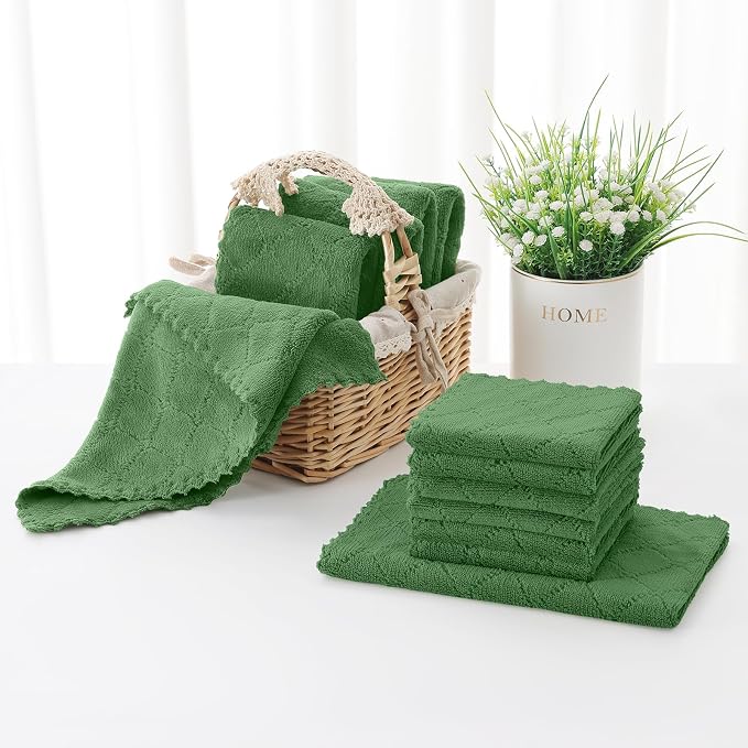 Homaxy Super Soft 12 Pack Kitchen Towels and Dishcloths Set, Grass Green | Ultra-Absorbent, 10 x 10 and 13 x 19 Inches, Coral Velvet, No Lint, Nonstick Oil, Fast Drying, Microfiber Cleaning Cloth