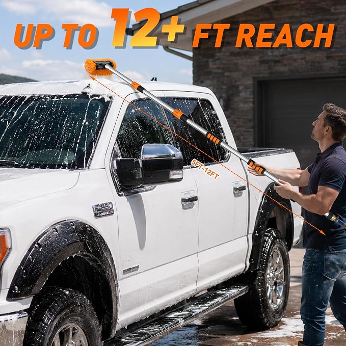 SISUPASSIE 12FT Car Wash Brush with Long Handle, 12-Inch Soft Bristle Car Cleaning Brush for Cleaning RV, Truck, Boat, Solar Panels, Orange