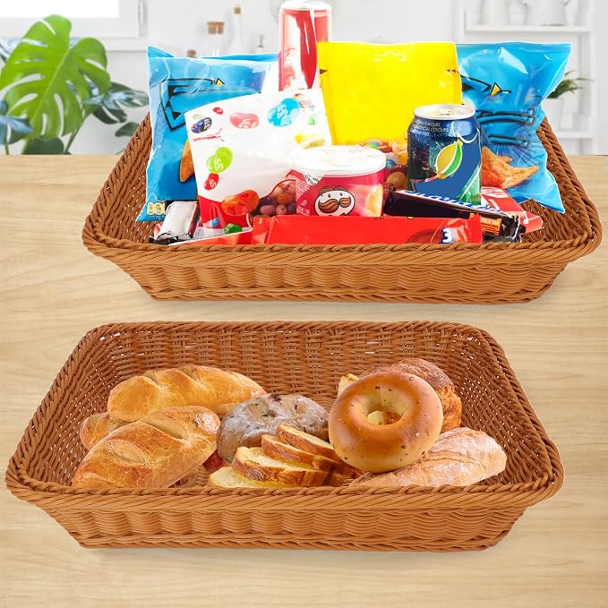 Poly Wicker Baskets 4 Pack 16 inch Brown Large Wicker Baskets Storage – Rustic, Durable & Easy-Cleaning Bread Basket, for Home, Restaurant & Hotel Use