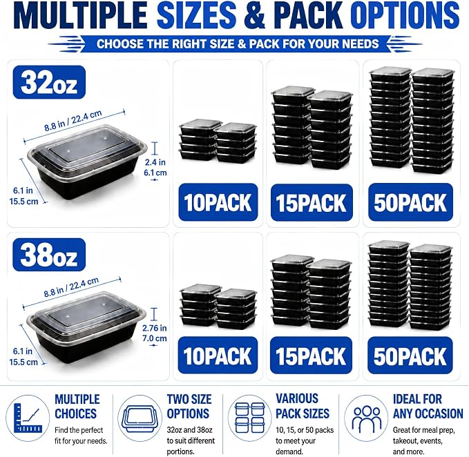 32oz 10 Pack Meal Prep Containers, BPA-Free Microwave Freezer Dishwasher Safe To Go Food Containers, Disposable Food Storage Containers with Lids, Leakproof Food Prep Containers with Lids