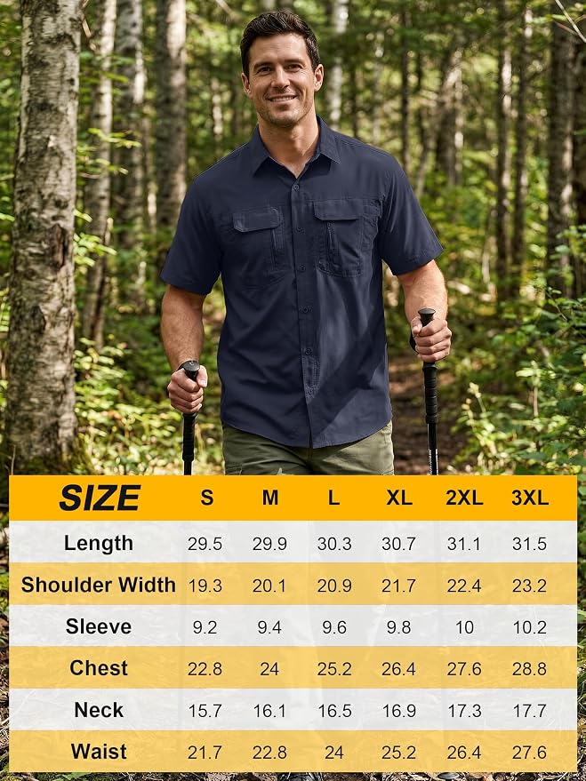 Mens Short Sleeve Fishing Shirt Sun Protection Quick Dry Lightweight | Breathable Fabric, Multi Pockets, for Fishing Safari Hiking Hunting Camping Outdoor Work Casual Wear