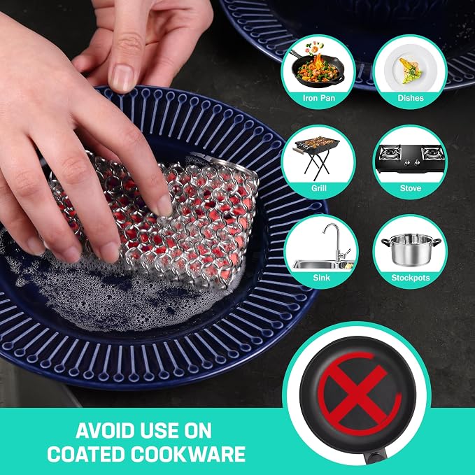 HAUSHOF Cast Iron Scrubber, Chainmail Scrubber Cast Iron Cleaner | Multi-Purpose Cleaning;Easy to Clean;Soft Silicone Liner;Protects Cast Iron Seasoning