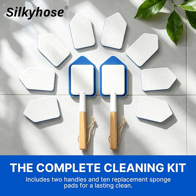 Silkyhose 2Pcs Tub Tile Scrub Brush,10 Melamine Sponge Replacement Heads | Non-Scratch. Versatile & Durable. Household Cleaner with Wooden Handle. Erasers for Grout, Sink & Shower Walls