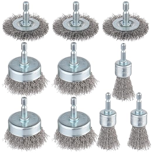 Rocaris 10 Pack Carbon Steel Wire Wheel Brush, Cup Brush Set | 1/4-Inch Round Shank, for Rust Removal, Corrosion and Scrub Surface