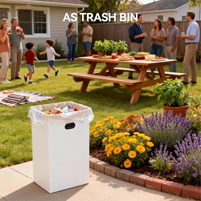 5 Pack Disposable Trash Cans for Parties, 30 Gallon Pop Up Trash Can | Collapsible with Handle, Thick Recycled Cardboard Bins for Events, Camping & Parties, Includes 10 Pcs Large Garbage Bags