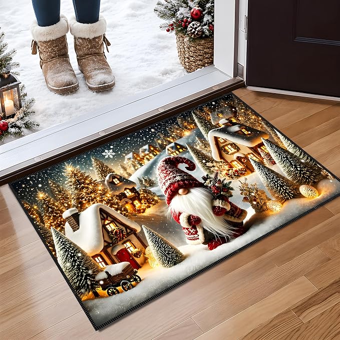 Christmas Gnome Area Rug 15.7x23.6 Inch, Faux Cashmere Non Slip Floor Mat, Snowy Village Holiday Rug for Entryway Bedroom Kitchen (Snowfield Gnomes, 15.7x23.6inch)