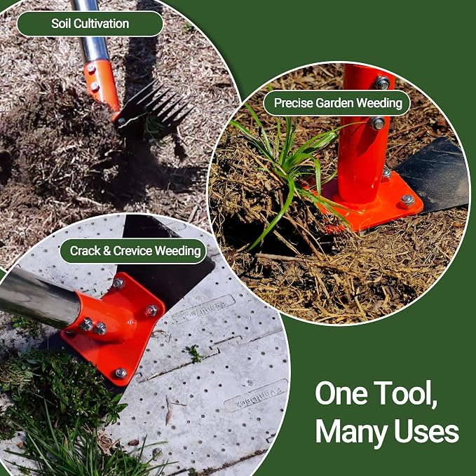 2-in-1 Garden Hoe and Weed Puller Rake 60 Inch Spring Steel Head | Adjustable Long Handle Weeding Tool Heavy Duty Sand Texture Finish, Weed Remover for Garden, Yard, Lawn, Driveway