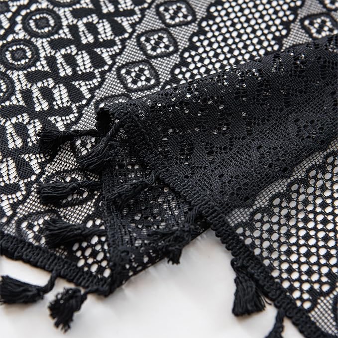 Sutuo Home Black Boho Valance Curtains Crochet Lace Sheer Bohemian Hollow Knitted with Tassels, Privacy Vintage Mid Century Farmhouse Tier for Kitchen, Rod Pocket 1 Panel,59" W x 36" L