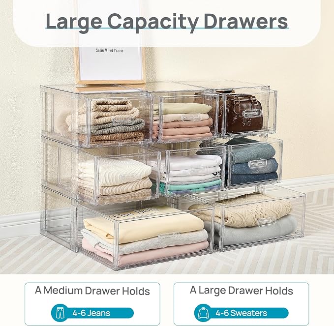 Vtopmart 9 Pack Clear Stackable Storage Drawers 15QT | Easily Assemble Closet Organizers,Plastic Storage Bins for Bathroom,Cabinet,Kitchen Pantry,Under Sink Organization(Medium)