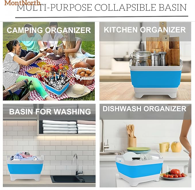 Collapsible Wash Basin 9L, Foldable Dish Tub with Drain Plug, Portable Collapsible Dish Basin, Camping Sink for Washing Dishes, Laundry & Kitchen Use (Blue)