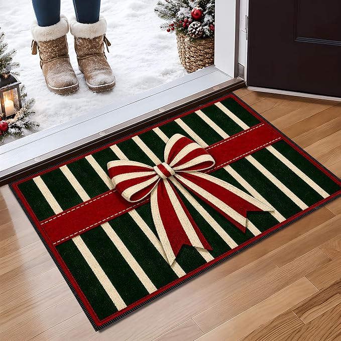 Christmas Bow Rug 15.7x23.6 in, Faux Cashmere Non Slip Floor Mat (Striped Bow, 15.7x23.6inch)