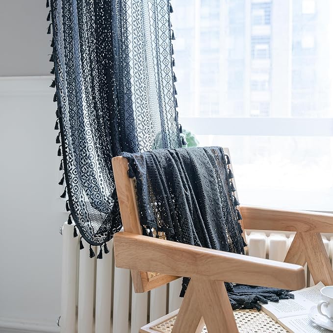 Sutuo Home Black Boho Curtain for Halloween Decor, Sheer Crochet Lace Handmade Tassels Knitted Window Treatment Vintage Rustic Bohemian Farmhouse Drape for Bedroom Rod Pocket 1 Panel 59" W x 96" L
