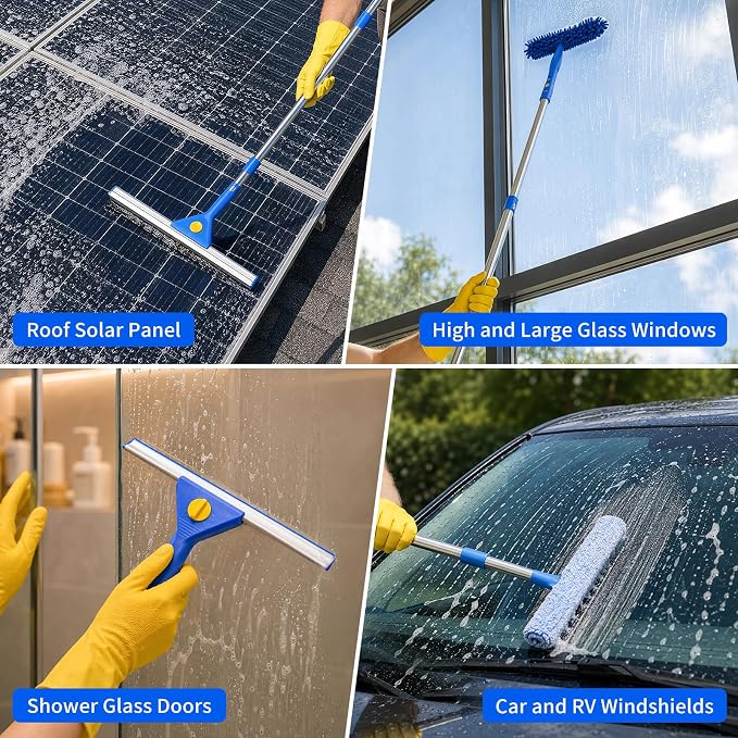 19-Piece Window Cleaning Kit with 3 Gal Cleaning Bucket, Professional 14" Window Squeegee & 15" Window Scrubber with 78" Extension Pole, Window Washing Tools for Home, Car, RV and Outdoor Glass