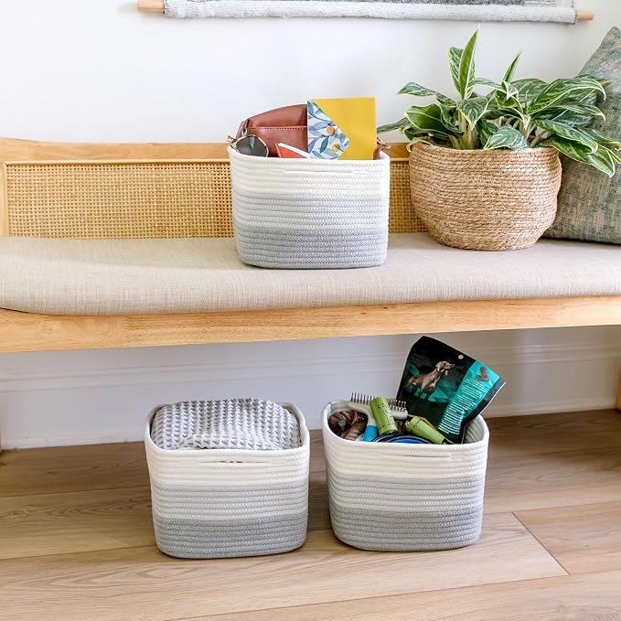 NaturalCozy Storage Cubes 9”x9”x7”Cotton Rope Woven Baskets for Organizing 3-Pack | 9 Inch Cube Storage Bin | Small Basket for Shelf Nursery, Pantry, Decorative Plant, Bathroom Closet, Toy Gift