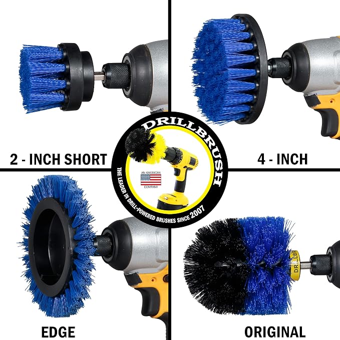 Drillbrush Blue - Boat Cleaning Drill Brush Attachment Set - Aluminum | Wood - Personal Watercraft Detailing - Fiberglass Hull Cleaning Kit - Kayak Accessories - Deck Brush