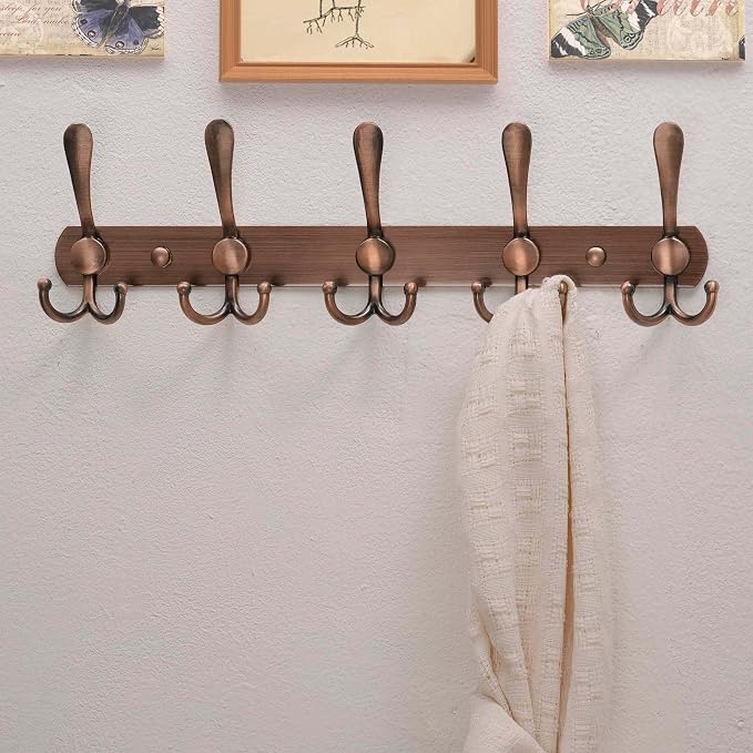 Dseap Wall Mounted Coat Rack - 5 Tri Hooks, Heavy Duty, Stainless Steel, Metal Coat Hook Rail for Coat Hat Towel Purse Robes Mudroom Bathroom Entryway (Antique Copper, 2 Packs)