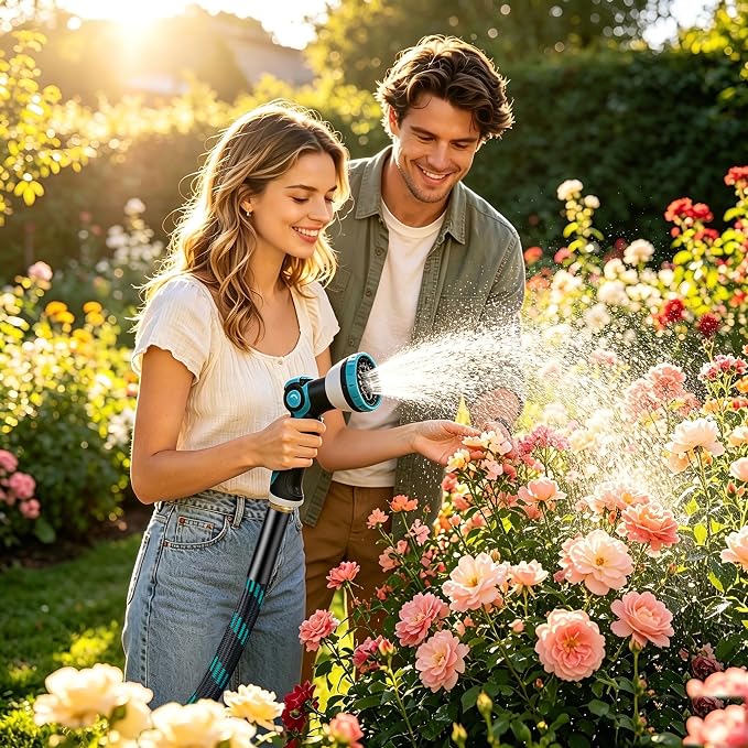 Garden Hose 25FT, Ultra Lightweight with 10-Function Nozzle | Kink-free & leak-proof 25FT hose. Ultra-lightweight 2.8 lbs, durable fittings, 10-pattern nozzle. Includes 3 extra washers.