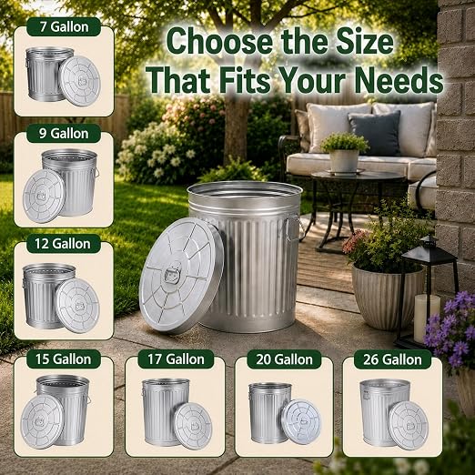 Gardenised Round Galvanized Steel, 26 Gallon Trash Can with Lid - Durable Metal Bucket for Backyard, Lawn, Garden and Yard Use - Weather-Resistant Garbage Can for Indoor and Outdoor, 28-inch