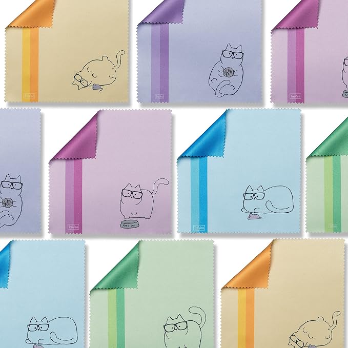 10 Pack Cute Kitty Cat Design Multicolor Microfiber Cleaning Cloths for Cleaning Eyeglasses Lenses Sunglasses and Cell Phone Beautifully Designer Colors Blue Pink Yellow Purple Green Cloth Wipes