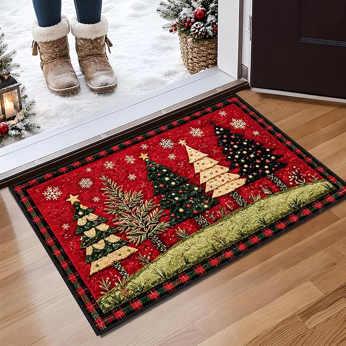 Christmas Tree Area Rug 15.7x23.6 Inch, Faux Cashmere Non Slip Floor Mat, Red Snowflake Holiday Rug for Entryway Bedroom Kitchen (Christmas Tree, 15.7x23.6inch)