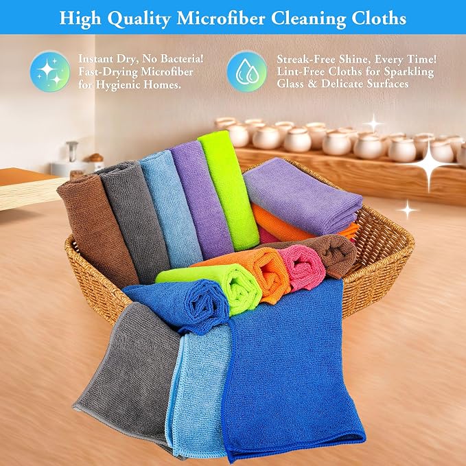 lucdnc Microfiber Cleaning Cloths 16 Pack 8 Colors 11.5"x11.5" | Soft Lint-Free Cleaning Rags for Home, Kitchen, Bathroom, Car, Wet & Dry Use