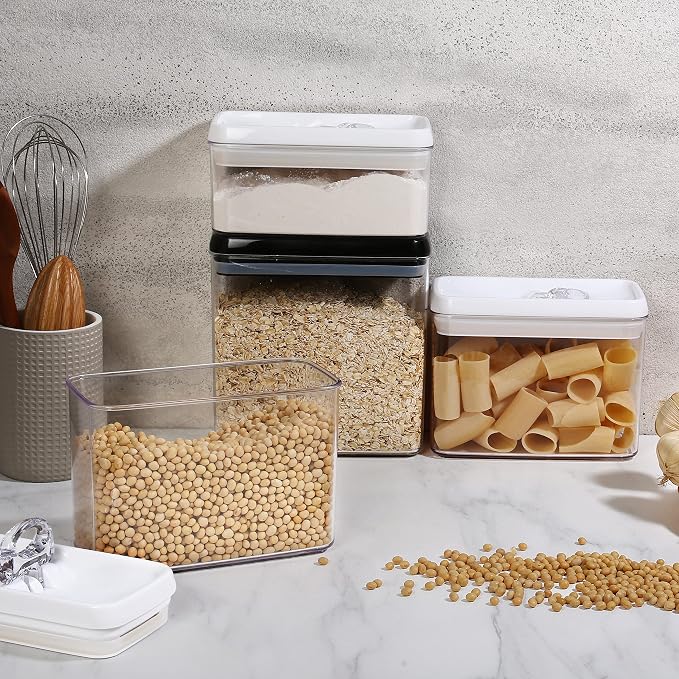 Felli Flip Tite Storage Container with Lid 4” RECTANGULAR Airtight Ring Flip Top, Stackable Kitchen Counter Pantry Organizer Acrylic Canister Jar for Pasta Spaghetti Cereal Granola Coffee (1.9qt)