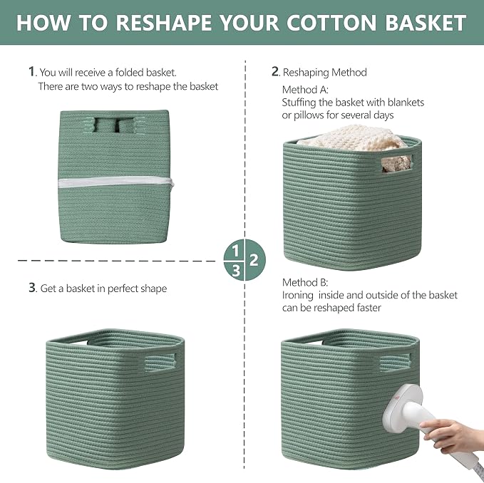 Dreamcountry 13x13 Cube Storage Bins, Storage Cubes with Handles, 4 Pack Cotton Rope Basket for Shelves, Cube Storage Organizer forToys, Book, Clothes, Home, Office, Nursery, Green
