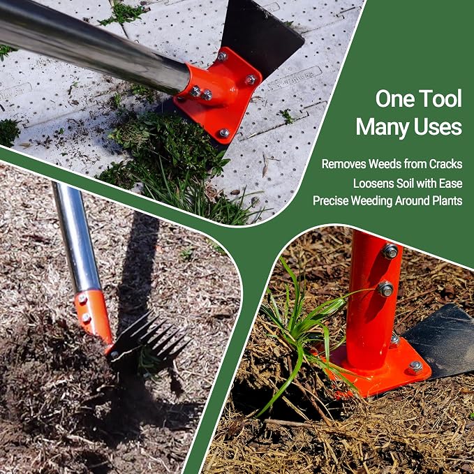 59 Inch One-Piece Handle 2-in-1 Garden Hoe and Weed Puller Tool | Weeding Tool Weed Rake Heavy Duty Spring Steel Head with Sand Texture Finish, Weed Remover for Garden, Yard, Lawn, Driveway