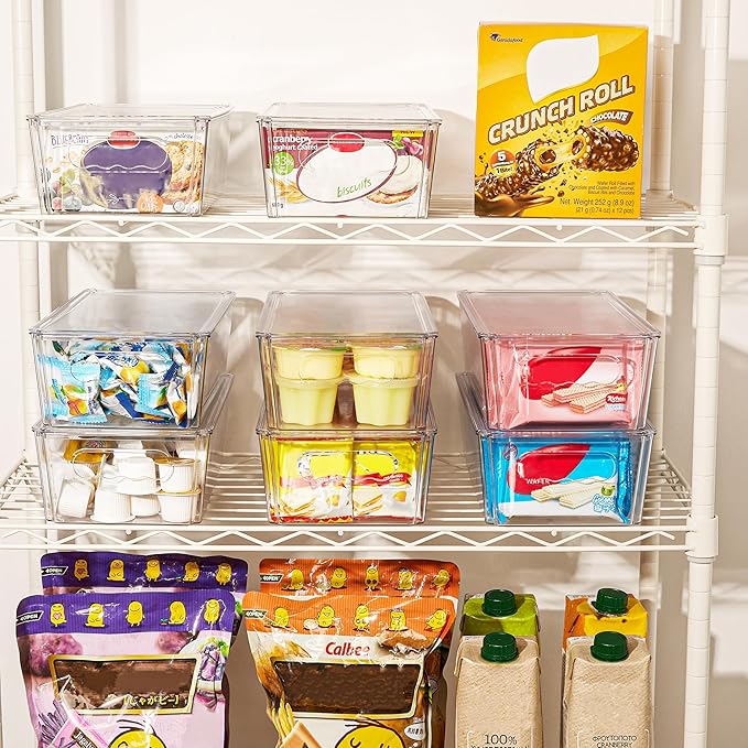 Vtopmart 4pcs Clear Stackable Storage Bins with Lids | BPA-free food-grade PET, Stackable with Lids Included, Easy to Move, For Fridge Freezer Pantry Cabinet Kitchen Organization