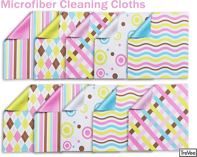 10 Pack Cute Geo-Design Multicolor Microfiber Cleaning Cloths for Cleaning Lenses, Eyeglasses, Sunglasses and Cell Phone, Beautifully Designed in Pastel Colors Blue, Pink, Green and White Cloth Wipes.