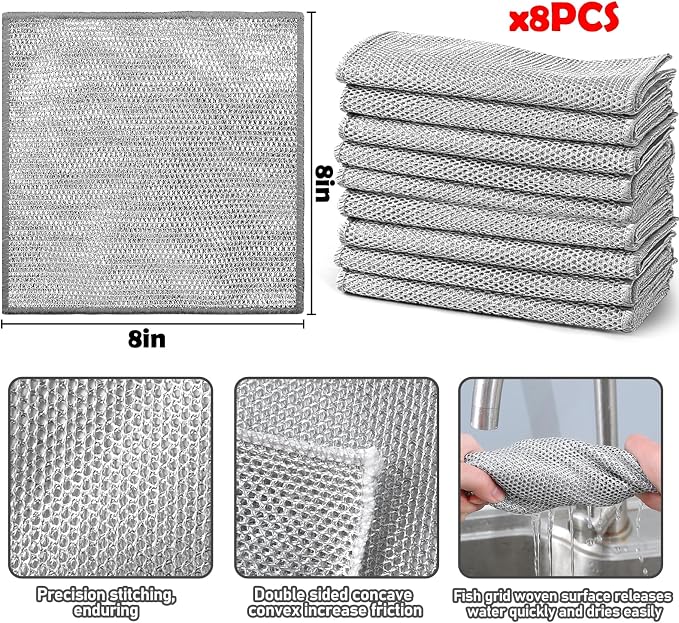 XANGNIER Non Scratch Wire Dishcloth,Wire Dishwashing Rags,8 * 8 in,8 Pcs | Multipurpose Steel Wool Cleaning Cloths,Multi Purpose Metal Mesh Miracle Cleaning Cloths for Kitchen,Dishes,Sink,wet & dry