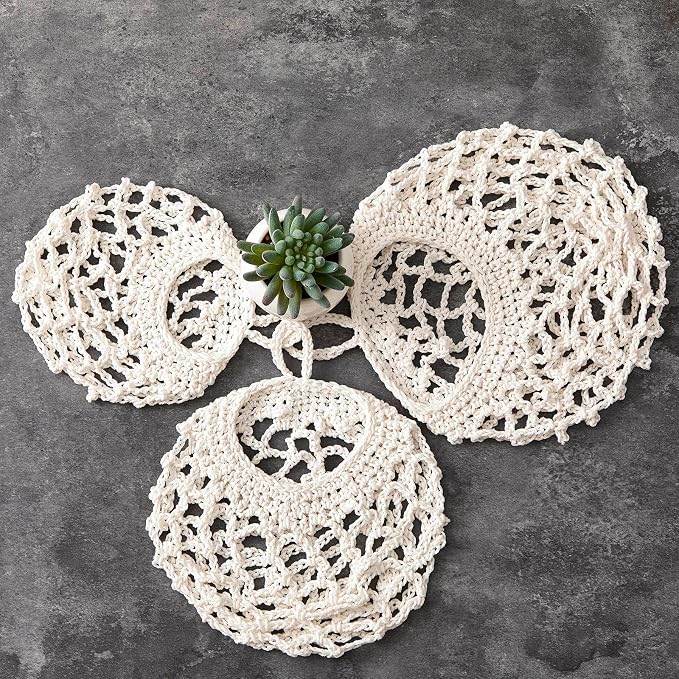 3 Hanging Baskets,White,Crochet,Cotton Rope | Wicker Wall Baskets with Hooks for Fruit Vegetable Onion Storage, Teardrop Organizer for Kitchen, Boho Farmhouse Decor